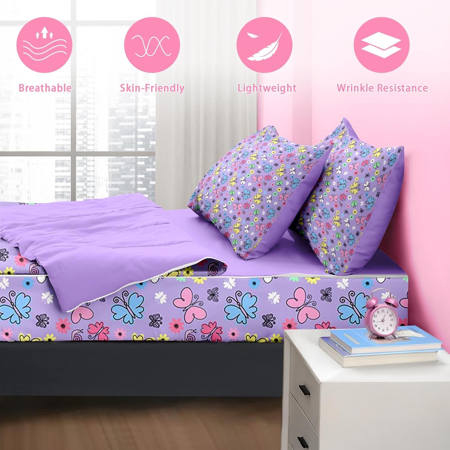 Nesker Zipper Bedding Twin Colorful Butterfly Zip Up Bedding Set for Girls and Kids, Cute Cartoon Flowers 3 Pcs Comforter Bed in a Bag with Fitted Sheet and 2 Pcs Pillowcases - Image 8