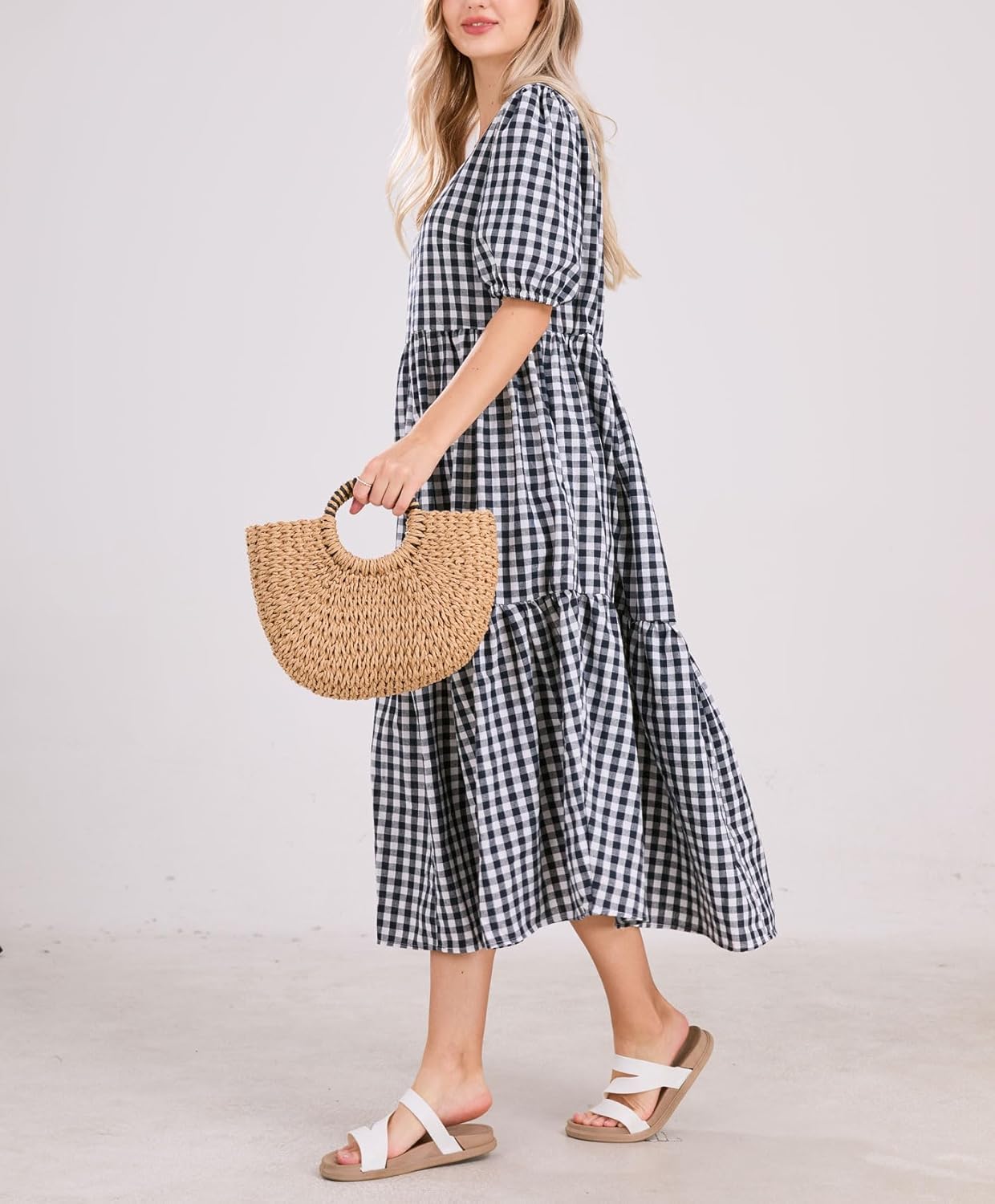 chouyatou Women's Retro Lantern Puff Sleeve Plaid Dress Gingham Swing Tiered Midi Long Dress - Image 3