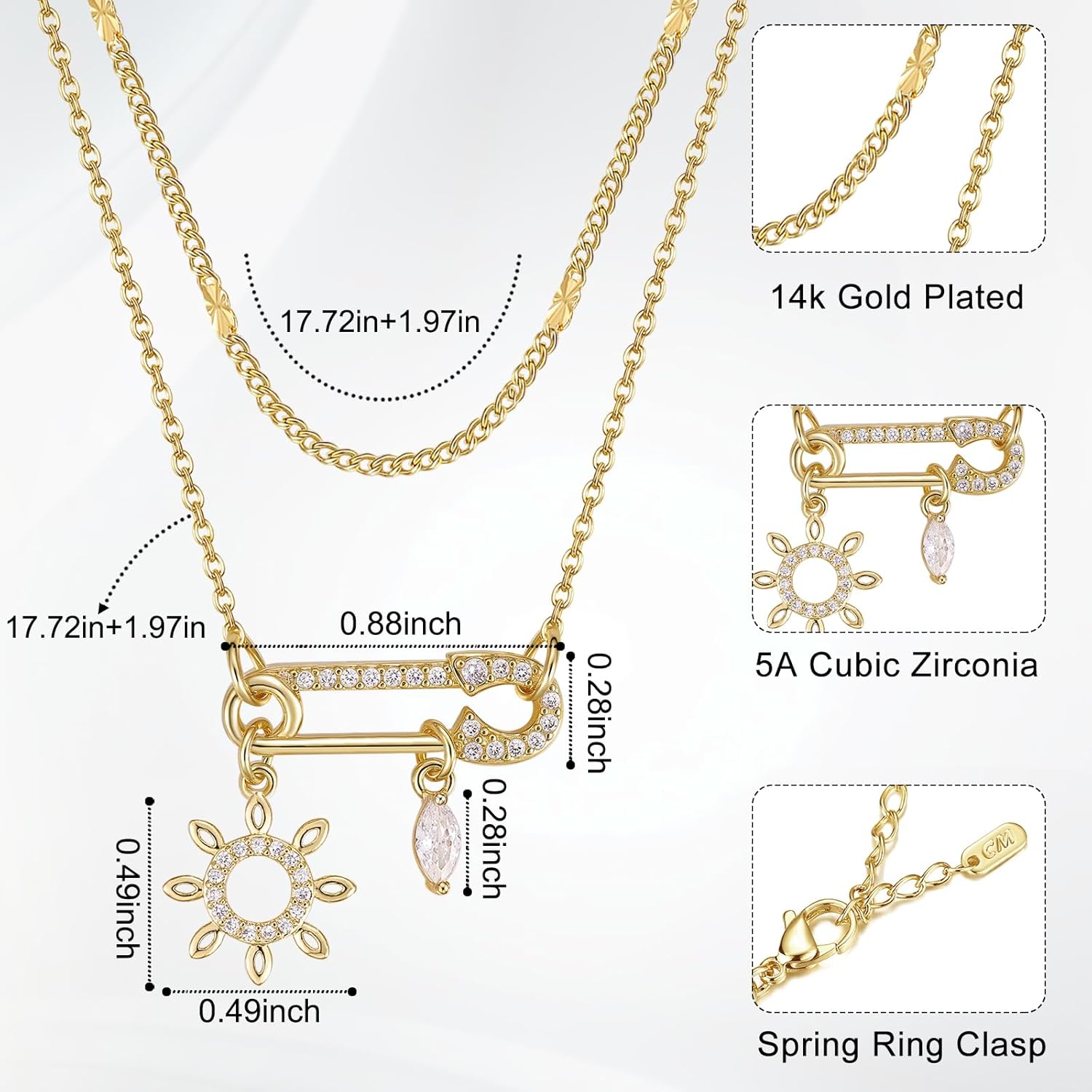 Paperclip Necklace for Women 14K Gold Plated Paperclip Pendant Necklaces Cubic Zirconia Sunflower/Cross/Sun/Moon/Water Drops Pendant with Layered Chain Jewelry Gifts for Her - Image 6