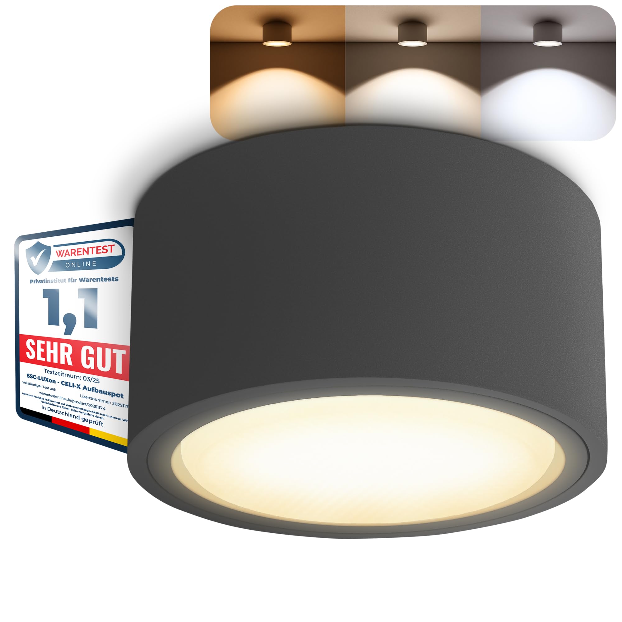 SSC-LUXon 4x CELI-X dimmbare Spot Deckenleuchte flach inkl. LED Leuchtmittel GX53 - Aufbauspot rund anthrazit warmweiss 4,5W 230V