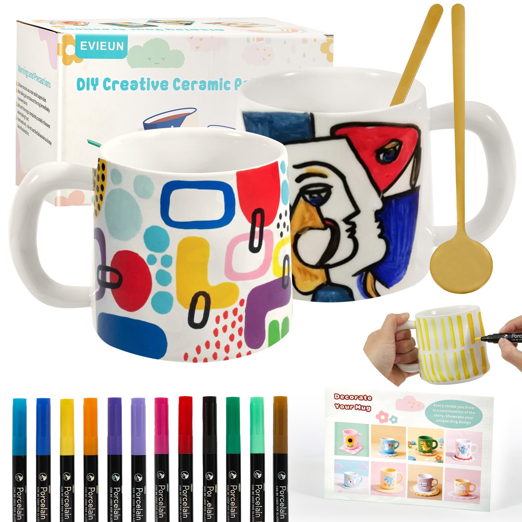 Set per Pittura Su Ceramica,Bianco Tazze Kit Ceramica Fai Da Te, Include 2 Tazze 350ML, 12 Pennarelli e 2 Cucchiai,Kit Fai Fa Te Creativo Adulti