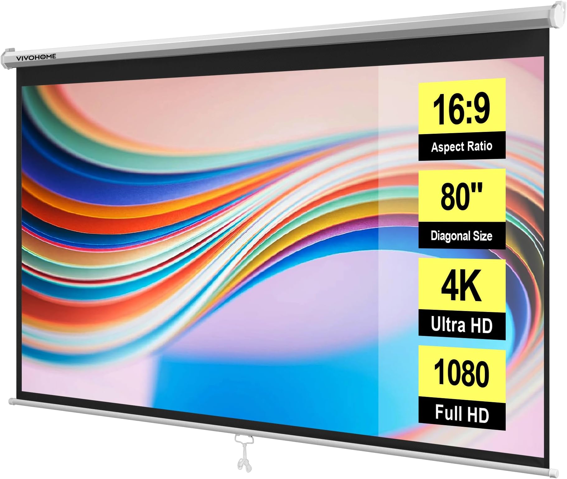 VIVOHOME 80 Inch 16:9 Pull Down Projector Screen, HD 4K Retractable Movie Screen for Indoor Home Theater and Office, Manual Projection Screen with Auto Locking (70Wx40H Inch Display Area)