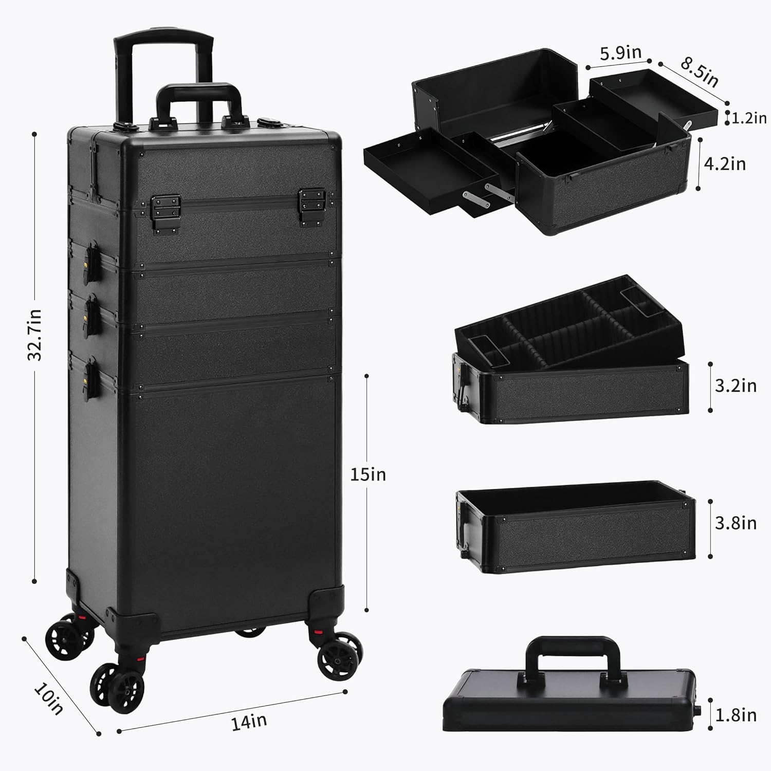 Profesional Rolling Makeup Train Case with Lid, 5 in 1 Cosmetology Case on Wheels, Large Cosmetic Trolley Organizer Travel for Hairstylist Artist Nail Beauty Salon Barber, Black