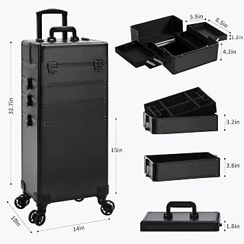 Rolling Makeup Train Case with Lid Cosmetology Case on Wheels