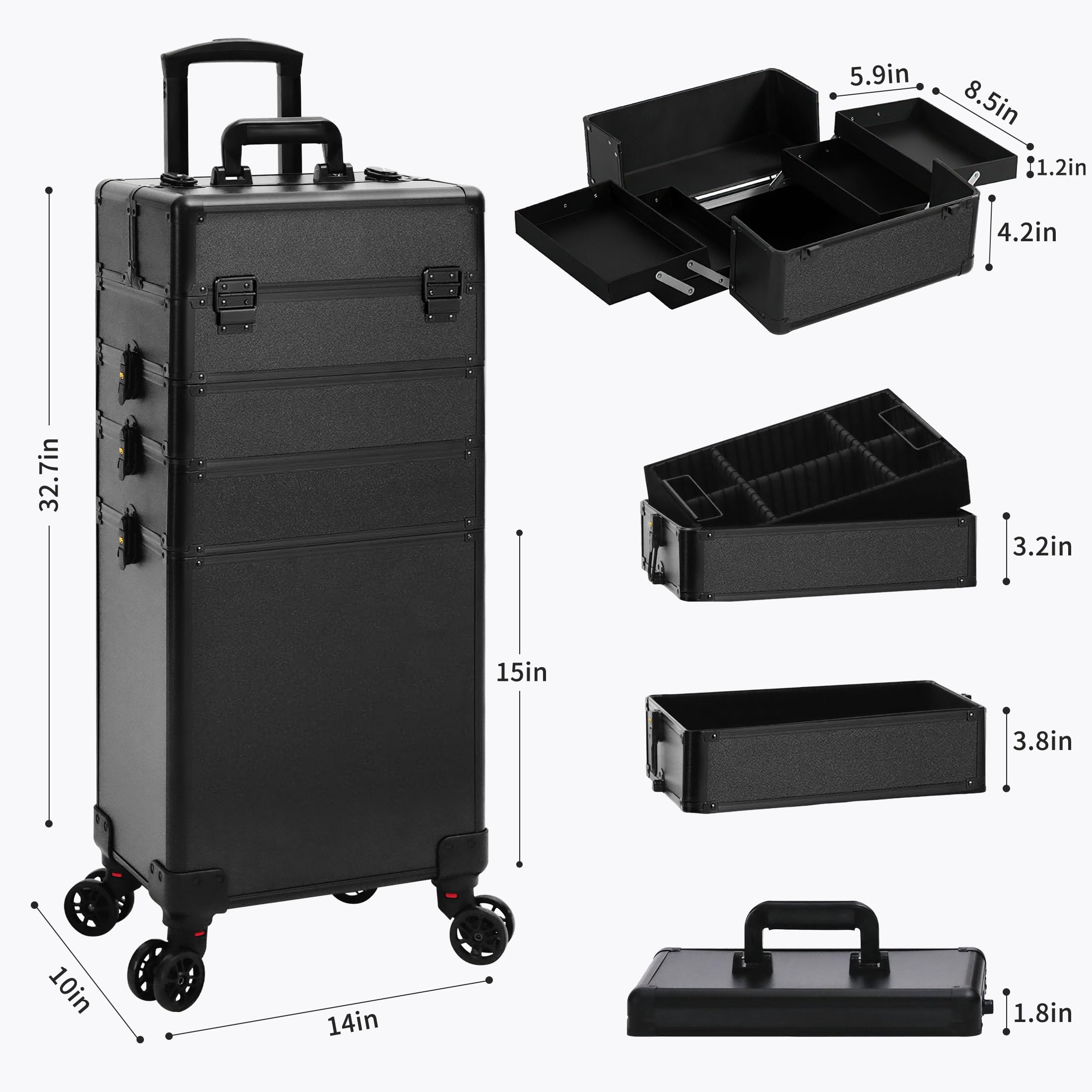 JINGUAN Profesional Rolling Makeup Train Case with Lid, 5 in 1 Cosmetology Case on Wheels, Large Cosmetic Trolley Organizer Travel for Hairstylist Artist Nail Beauty Salon Barber, Gravel Purple: Black 5 in 1
