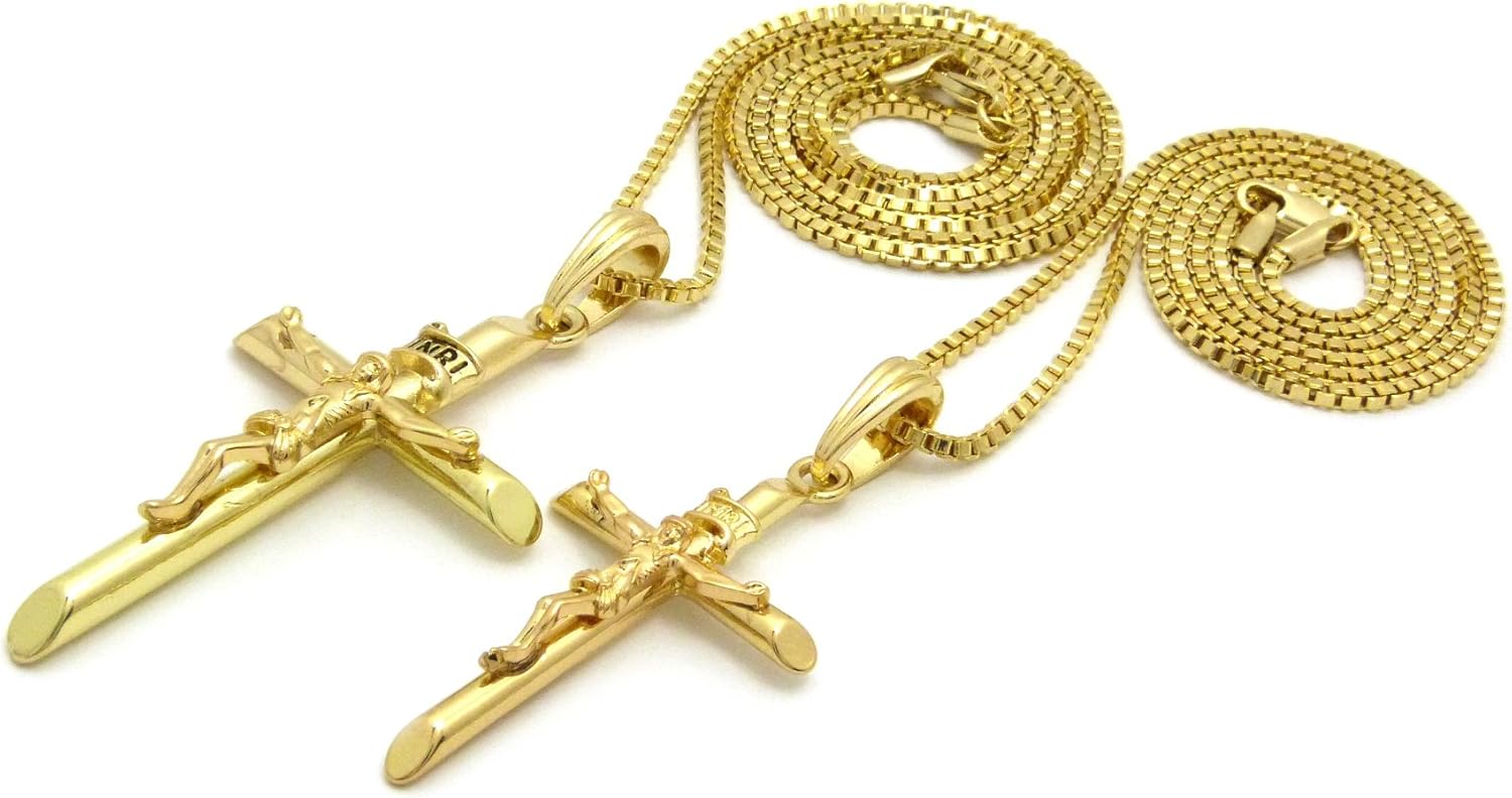 Fashion 21 Polished INRI Crucifix Jesus Cross Pendant 2mm 18", 20", 24", 30" Box Chain 2 Necklace Set in Gold Tone