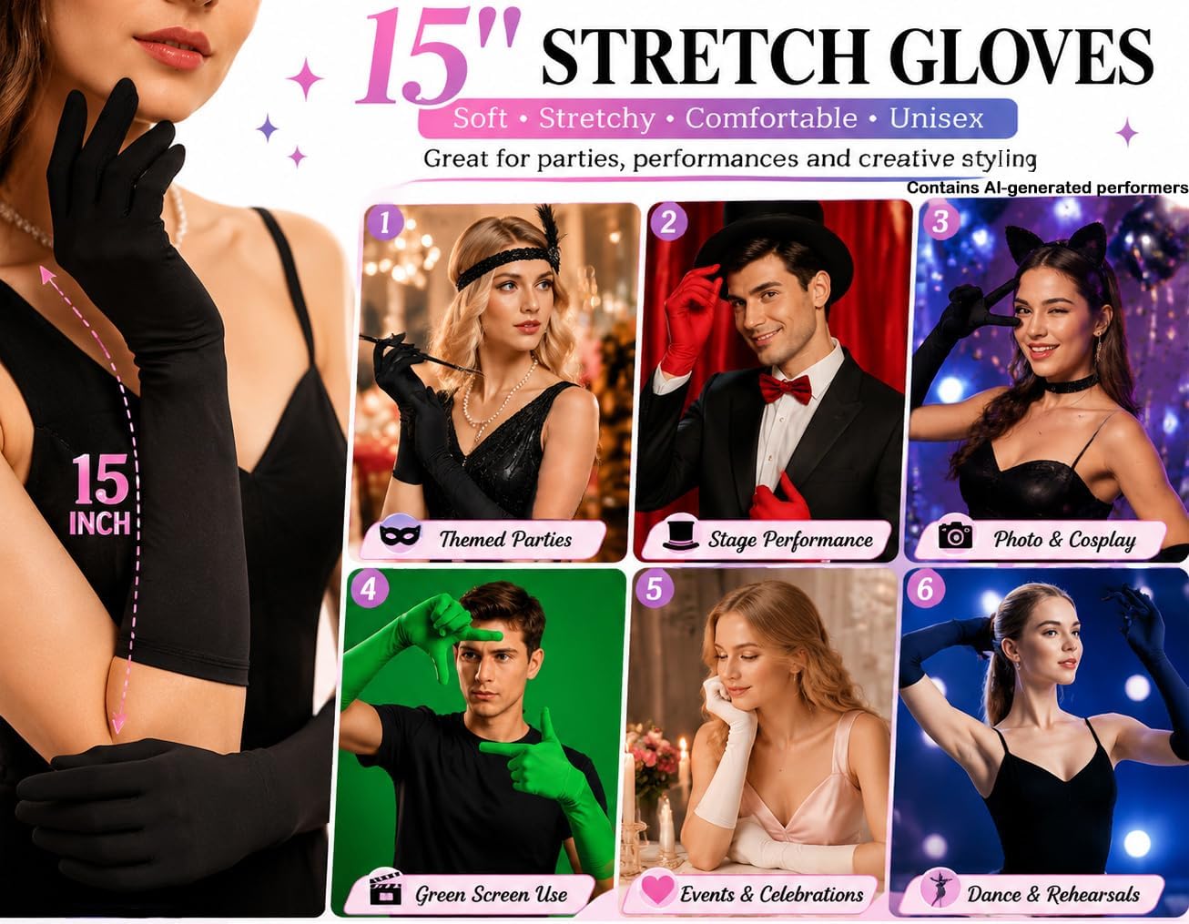 Women's and Men's Spandex Costume Gloves 15" Elbow Length Halloween Cosplay Party Gloves image 5