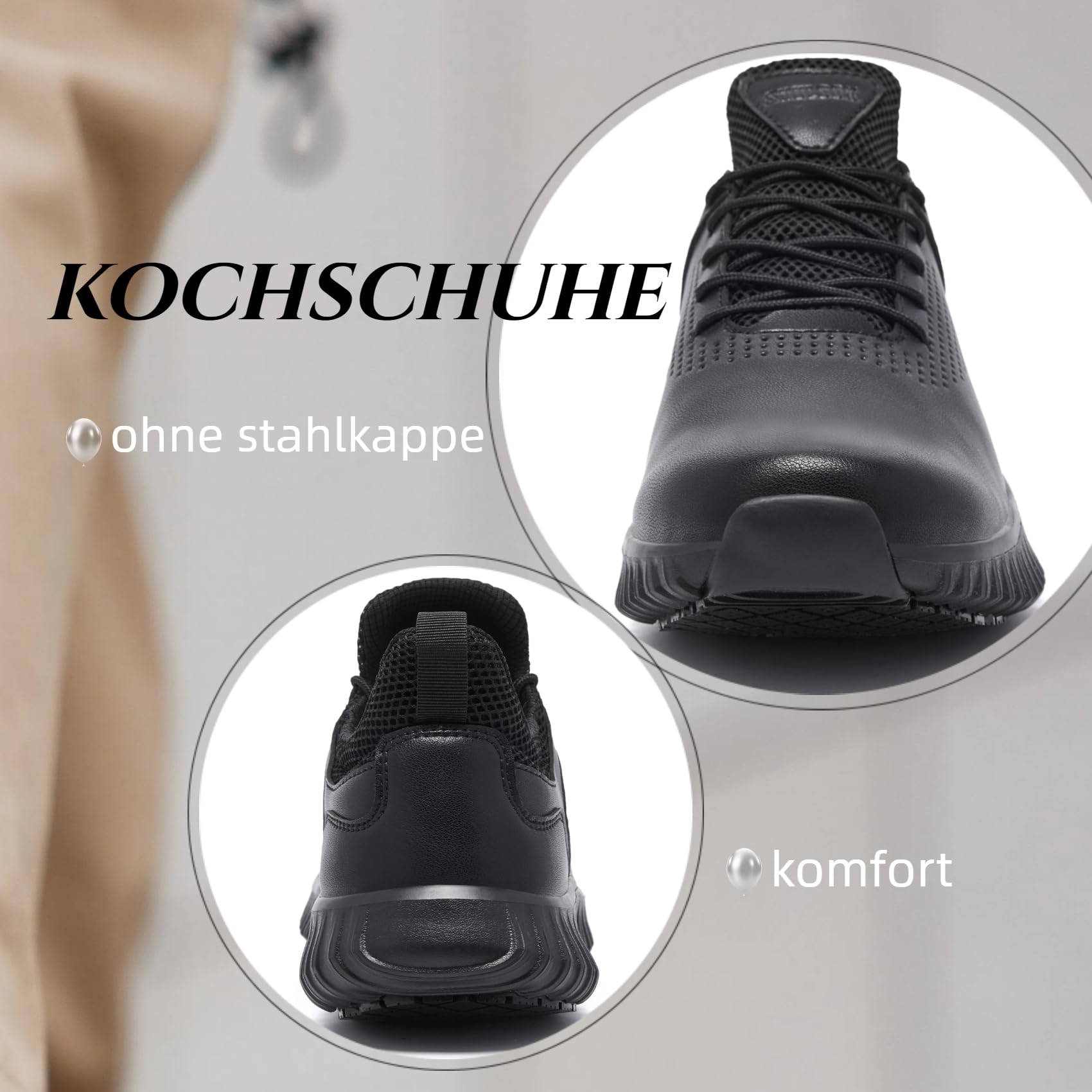 SHULOOK Kochschuhe Herren rutschfeste Schuhe Küche Wasserfeste Schuhe Outdoor Gastro Kellner Leicht Bequeme Sneaker Ohne Stahlkappe Schwarz EU 43
