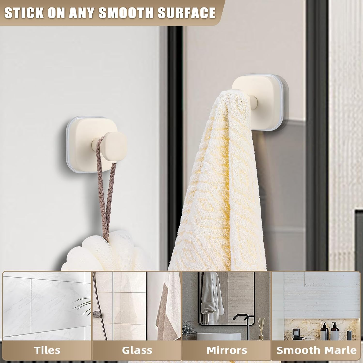 No-Drill Reusable Suction Cup Hooks, Towel, Robe, Loofah, Coat Hook for Glass, Mirror, Tile, Shower, Bathroom, Kitchen & Metal (Smooth, Non-Porous Surfaces) (4, Milk White)