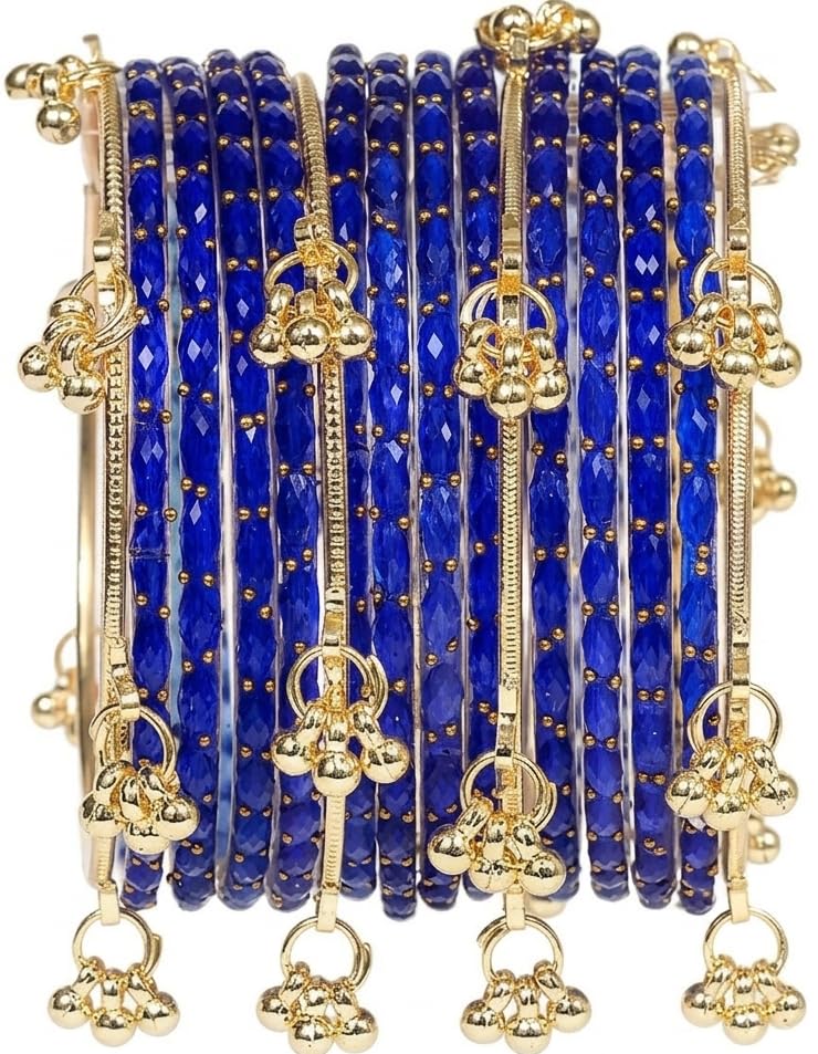 Image of JPS 16 Pcs Trendy Stylish Glass & Kashmiri Ghungroo Bangles Set for Women & Girls | Gold-Plated Traditional Festive Wedding Party Jewellery Chudi Set (12 Glass + 4 Metal)