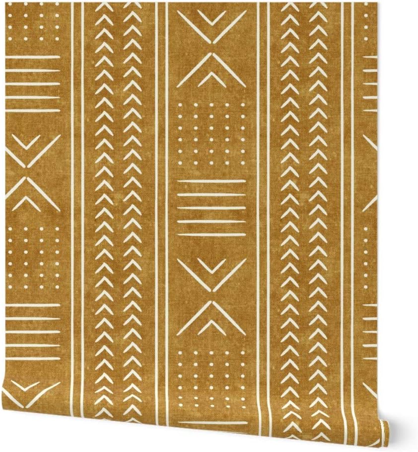 Removable Wallpaper Swatch - Mustard Mud Cloth Arrow Cross Dot Mudcloth Boho Stripe Rustic Bohemian Custom Pre-Pasted Wallpaper by Spoonflower