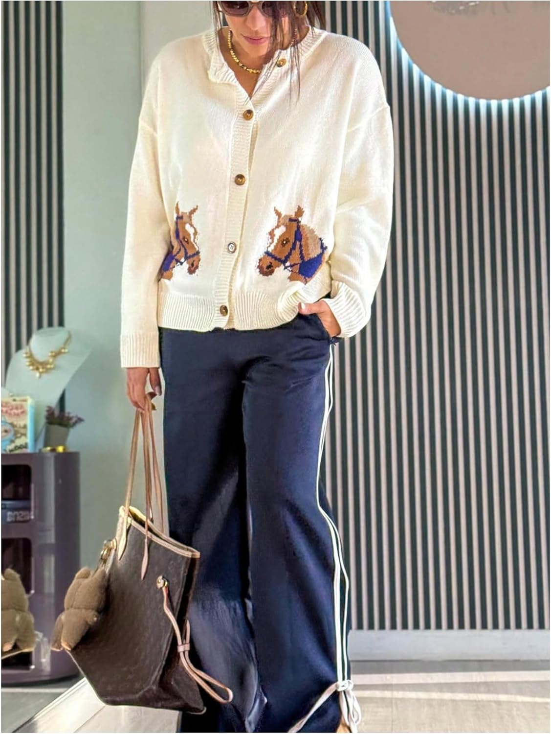 SHENHE Women's Novelty Horse Intarsia Long Sleeve Knit Button up Cardigan Sweater