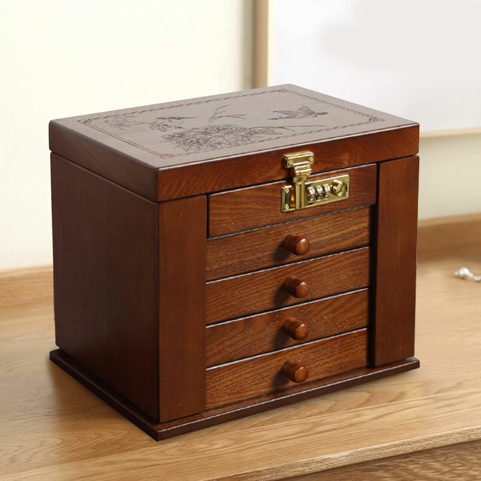 Schmuckkasten Schmuckschrank 5 Schichten Schmuckschrank Schatulle aus Holz Große Schmuckkästchen mit Spiegel 5 Schichten+2 ausklappbare Schränke Braun