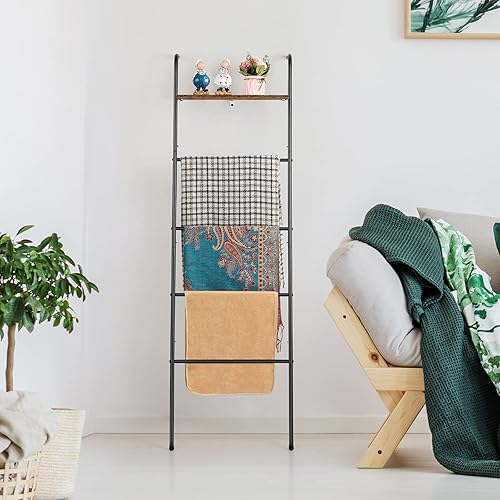 Miniatura 4 de Soporte de escalera para manta para sala de estar, soporte decorativo de escalera con estante de almacenamiento, toallero de pared para baño