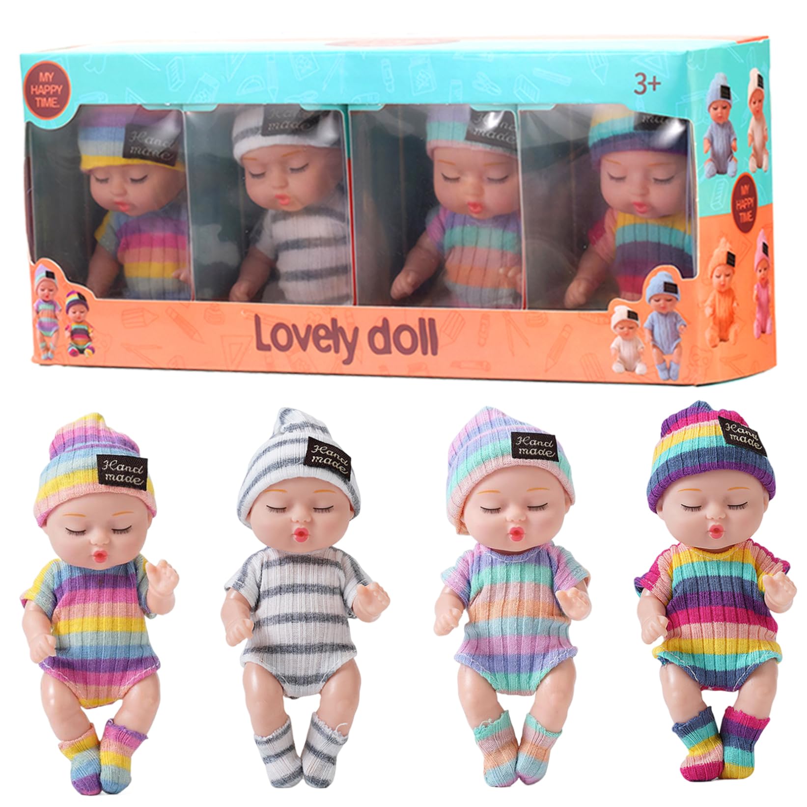 Suxdlan 4Pcs 4" Mini Baby Dolls Realistic Sleeping Tiny Doll with Clothes 4 Color Movable Joint Girls, Striped Clothes