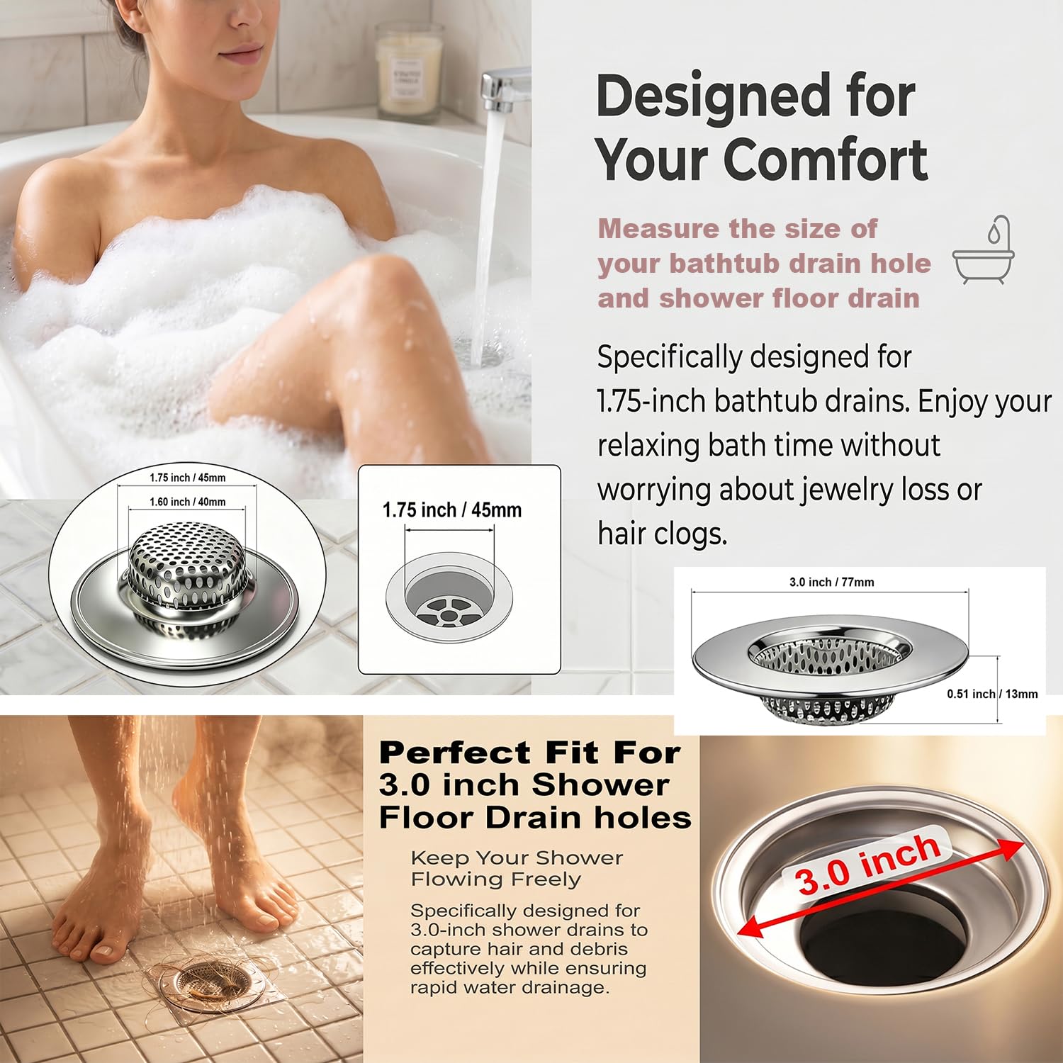 Seatery Bathtub Drain Strainers, Tub Drain Hair Catcher, Stainless Steel Bath Drain Cover Basket, Outer Diameter 3.0 inch/7.7cm, Inner Diameter 1.60 inch/4.0cm, Pack of 2 3
