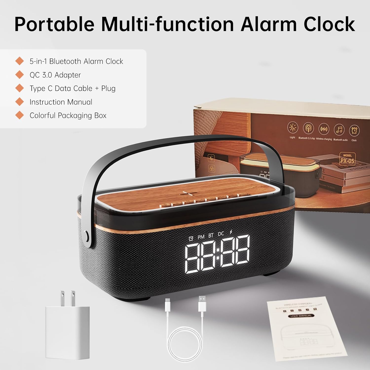 LOVME Alarm Clock Bluetooth Speaker for Bedroom, Bluetooth Stereo Sound Speaker, Fast 15W Wireless Charger, Dimmer, Night Light for Heavy Sleepers, Gift Set, Bedside(Black)