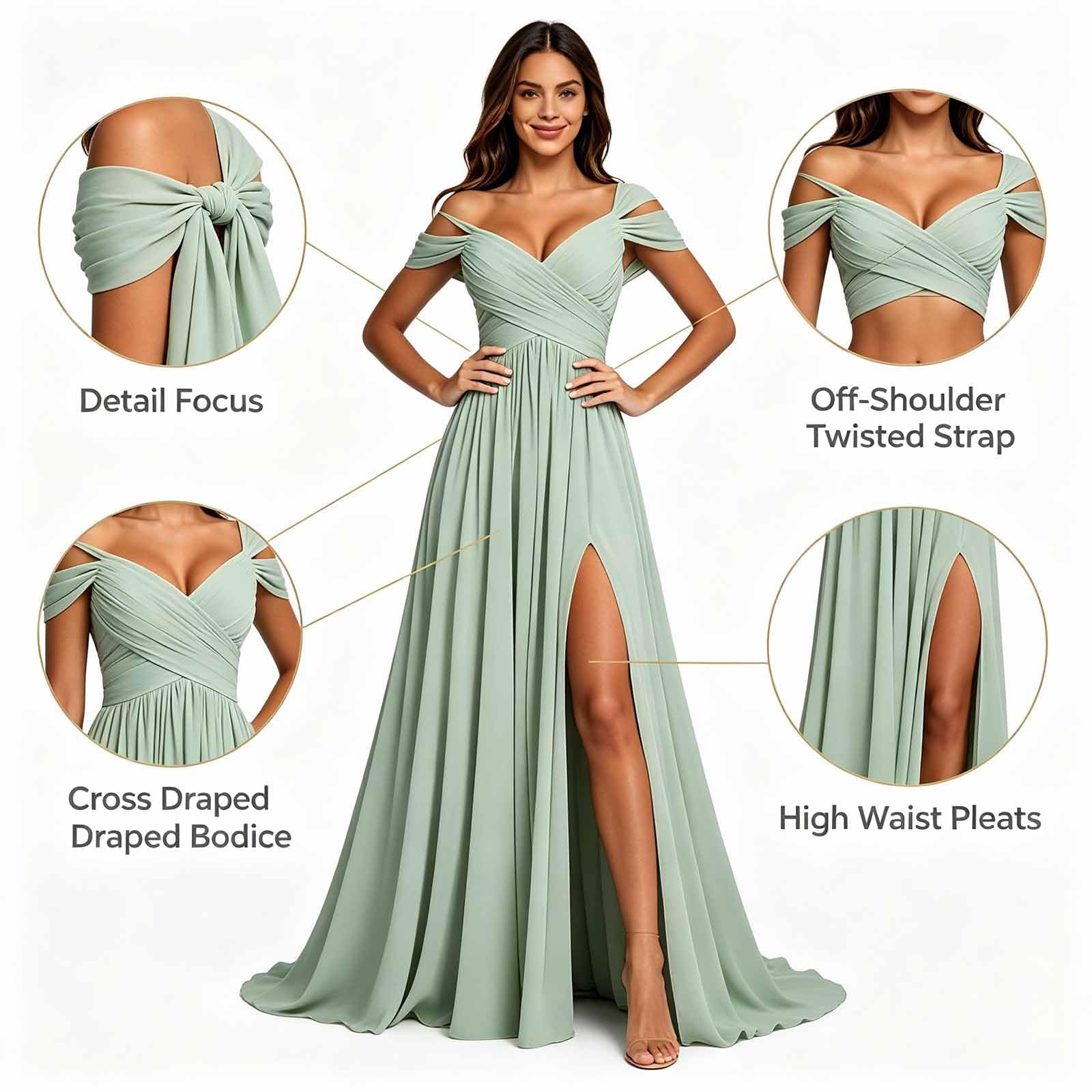 Vestito da Sposa Lungo Chiffon Spalle Scoperte V-Croce Alta Fenditura