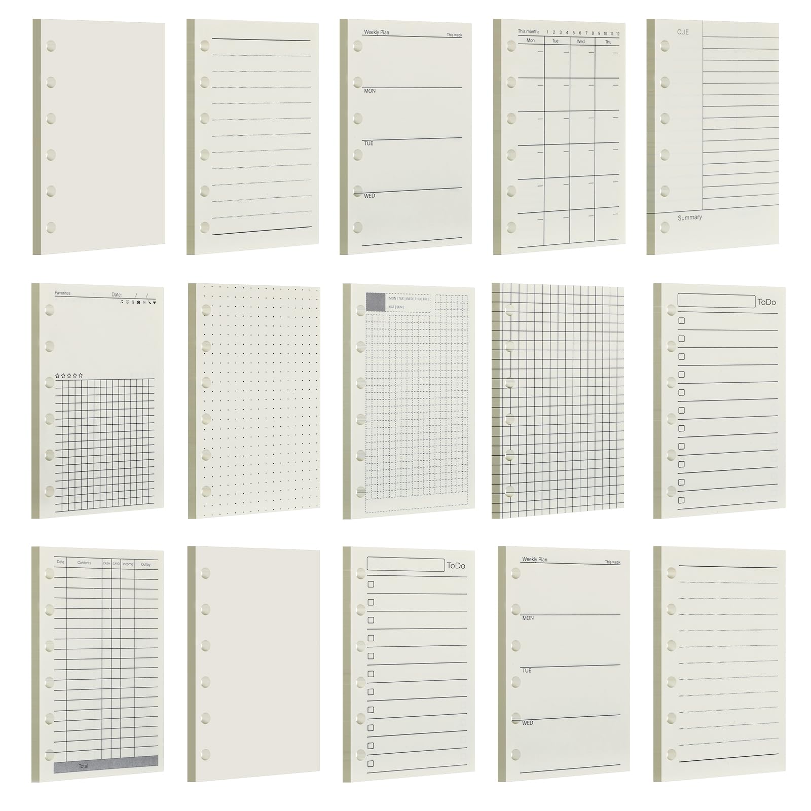 15 inserti A7 per agenda A7, ricarica per raccoglitori a 6 fori, 12,2 x 8,23 cm, tascabili, per raccoglitori giornalieri, settimanali e mensili, ricaricabili