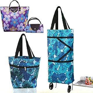 Cocobuy 2 Packs Foldable Shopping Bag with Wheels Collapsible Shopping Cart Shopping Trolley Bag on Wheels Collapsible Trolley Bags Reusable Grocery Bags Travel Bag (Blue A1)