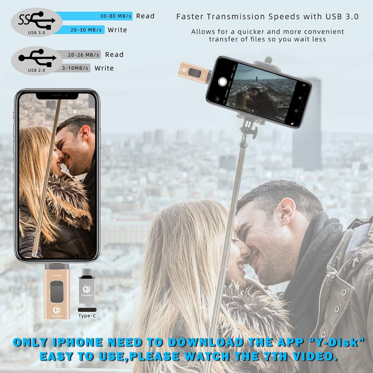 USB Flash Drive 128GB USB Flash Drive Tpye c Flash Drive 3.0 YSeaWolf External Storage, Tpye c, Android, PC USB Picture Stick USB Memory Stick photostick Mobile for Phone (Gold)