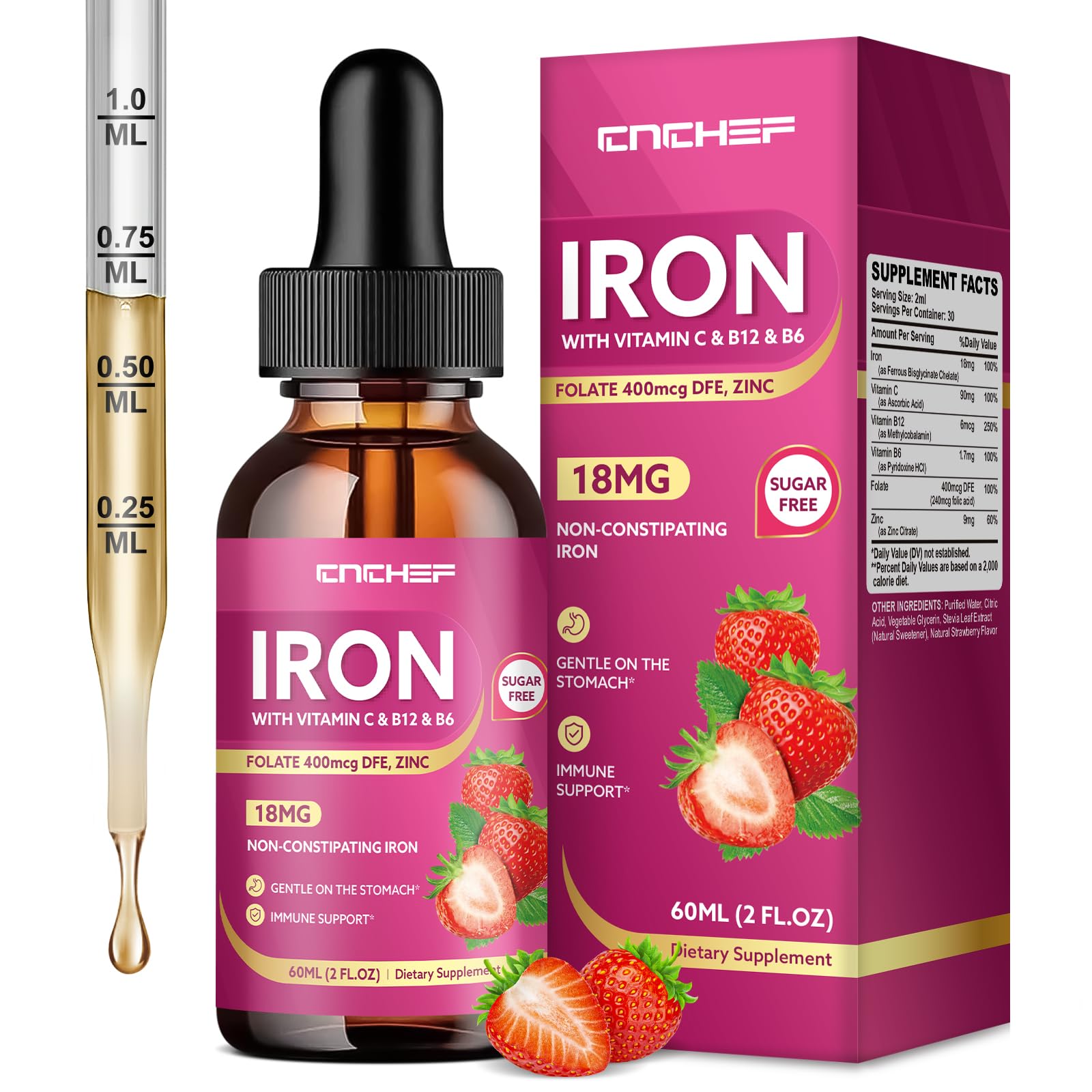 Liquid Iron Supplement for Women, Men & Kids 18mg with Vitamin C, B12, B6, Folate & Zinc | High Absorption Ferrous Bisglycinate Chelate, Natural Strawberry Flavor, Sugar-Free, Anemia & Energy Support Strawberry 2 Fl Oz (Pack of 1)