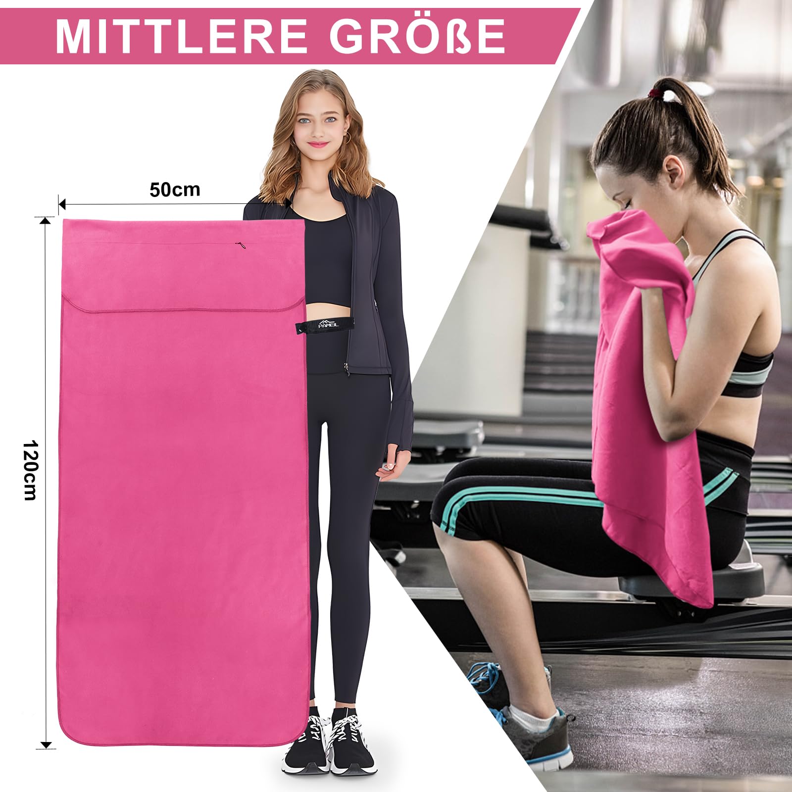 Pameil Asciugamano Microfibra, 120x50cm Asciugamano Palestra, Leggero & Assorbente Telo Palestra Microfibra Con Tasca Con Cerniera per Viaggi, Spiaggia, Yoga, Sauna