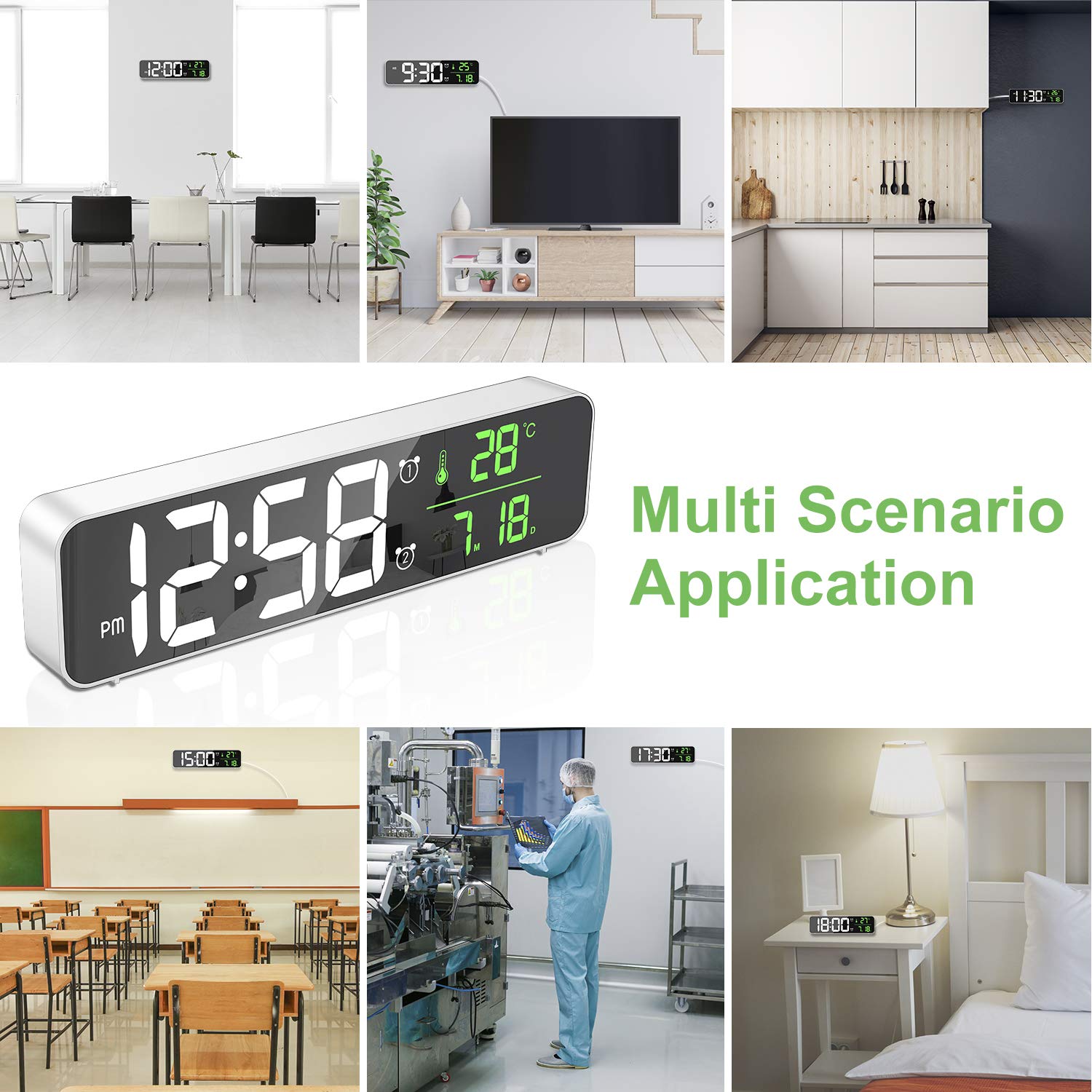 thumbnail: MOSUO Digitale Wekker Met Groot LED Display - Temperatuur, Datum, 2 Alarmen, Spiegelfront - USB Voeding