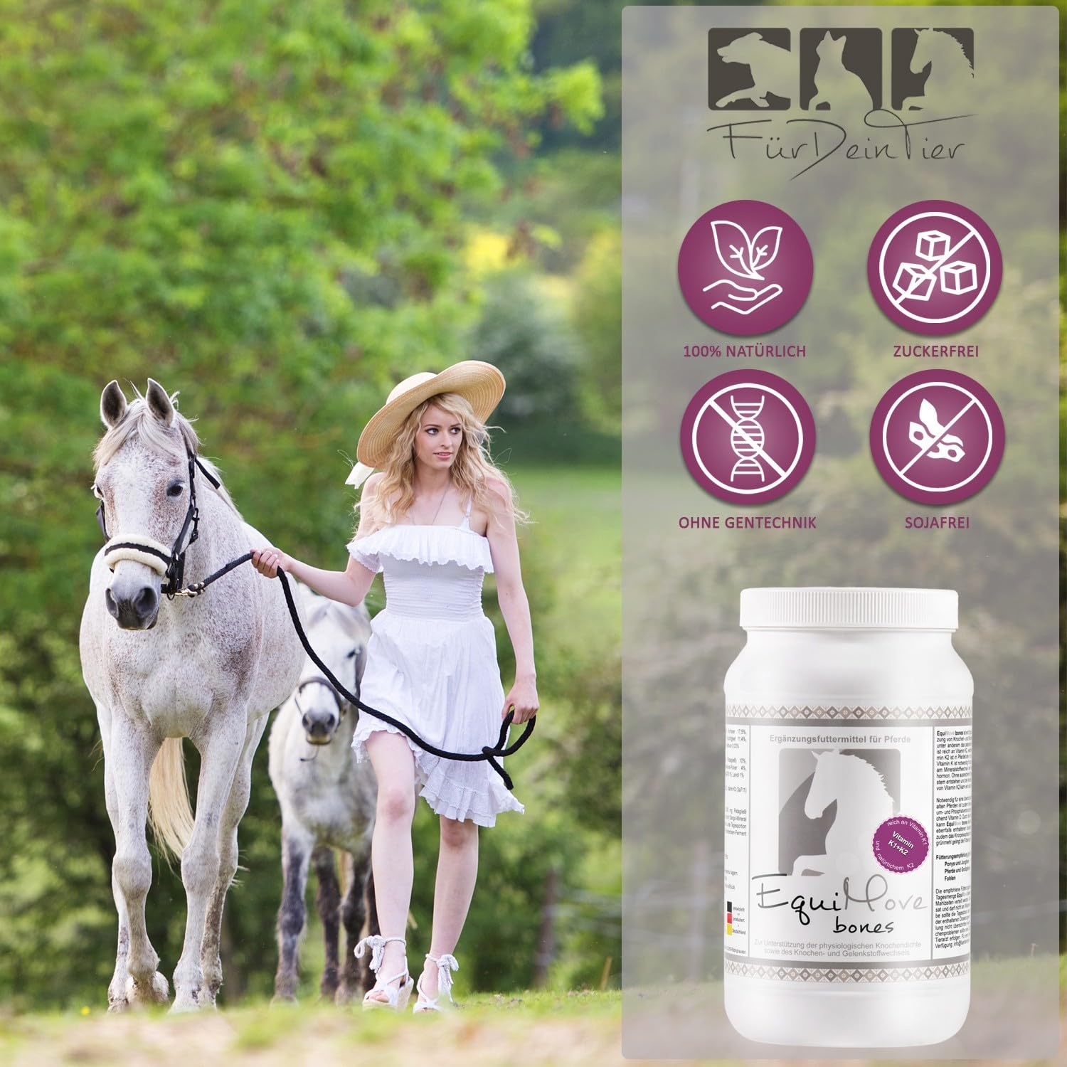Bones (1,5 kg) | Vitamin K2 und D3, Kalzium und MSM | Premium Ergänzung für Pferde (1,5 KG) | für Knochen, Knorpel,65,ß Bindegewebe