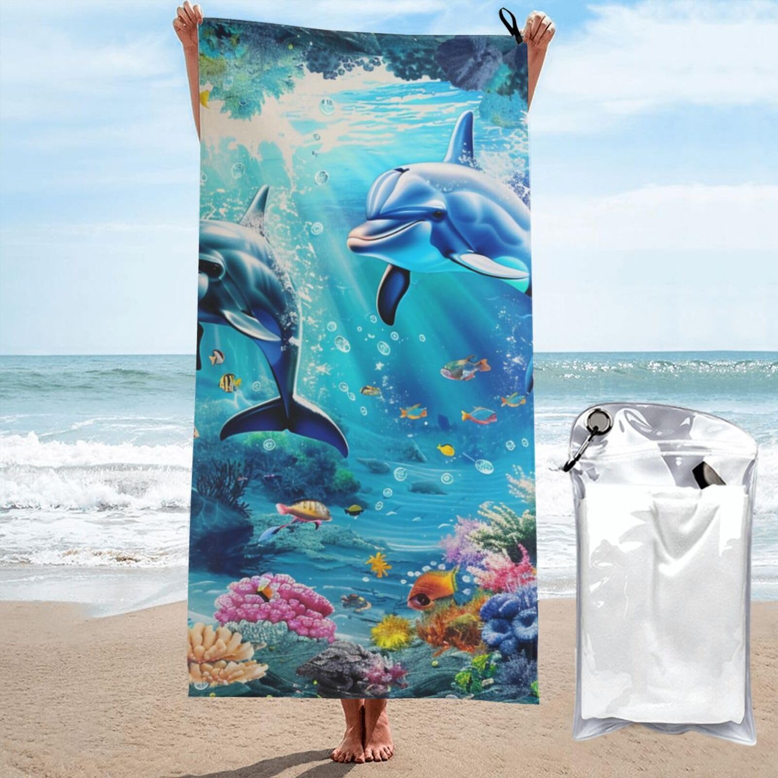 BWWHCCTI Sea Underwater Dolphin Fish Printed Microfiber Quick Dry Beach Towel 80x160 CM, Fast Drying Bath Towels with Bags for Travel,Camping,Gym,Beach,Swimming,Yoga