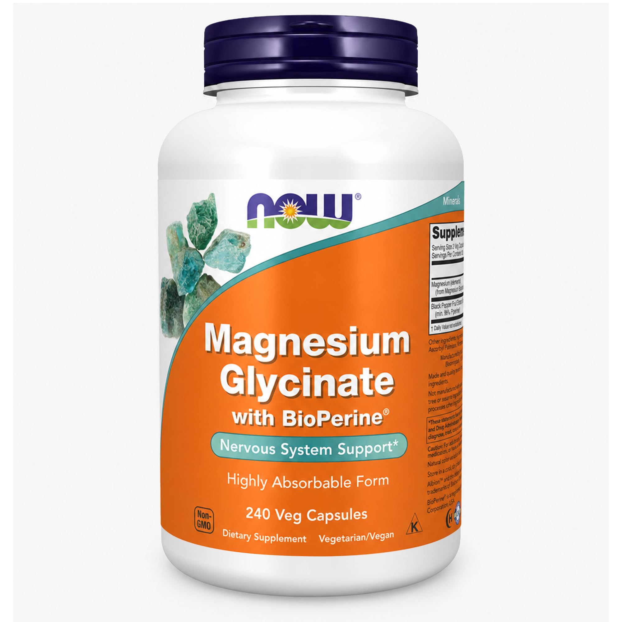 Now Supplements, Magnesium Glycinate with BioPerine, 240 Veg Capsules 240 Count (Pack of 1)