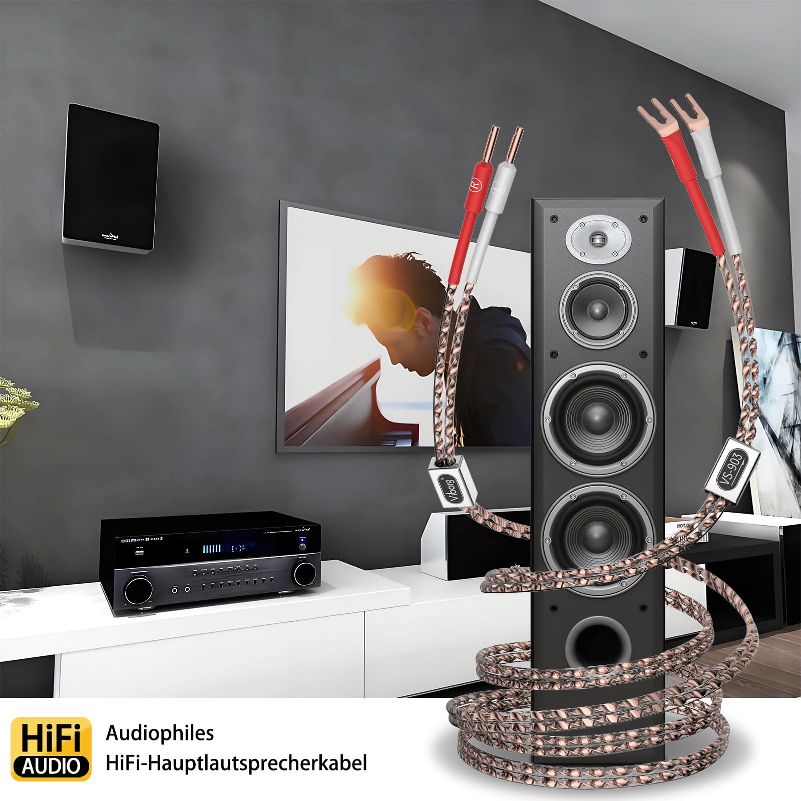 Tertullus 1 Paar High-End HiFi Lautsprecherkabel 2m VS903 Flaches OFC-Kupfer 17AWG(1.0 mm²) verdrillt massiv HiFi Dynamisches Lautsprecherkabel mit Bananenstecker Kabelschuhe