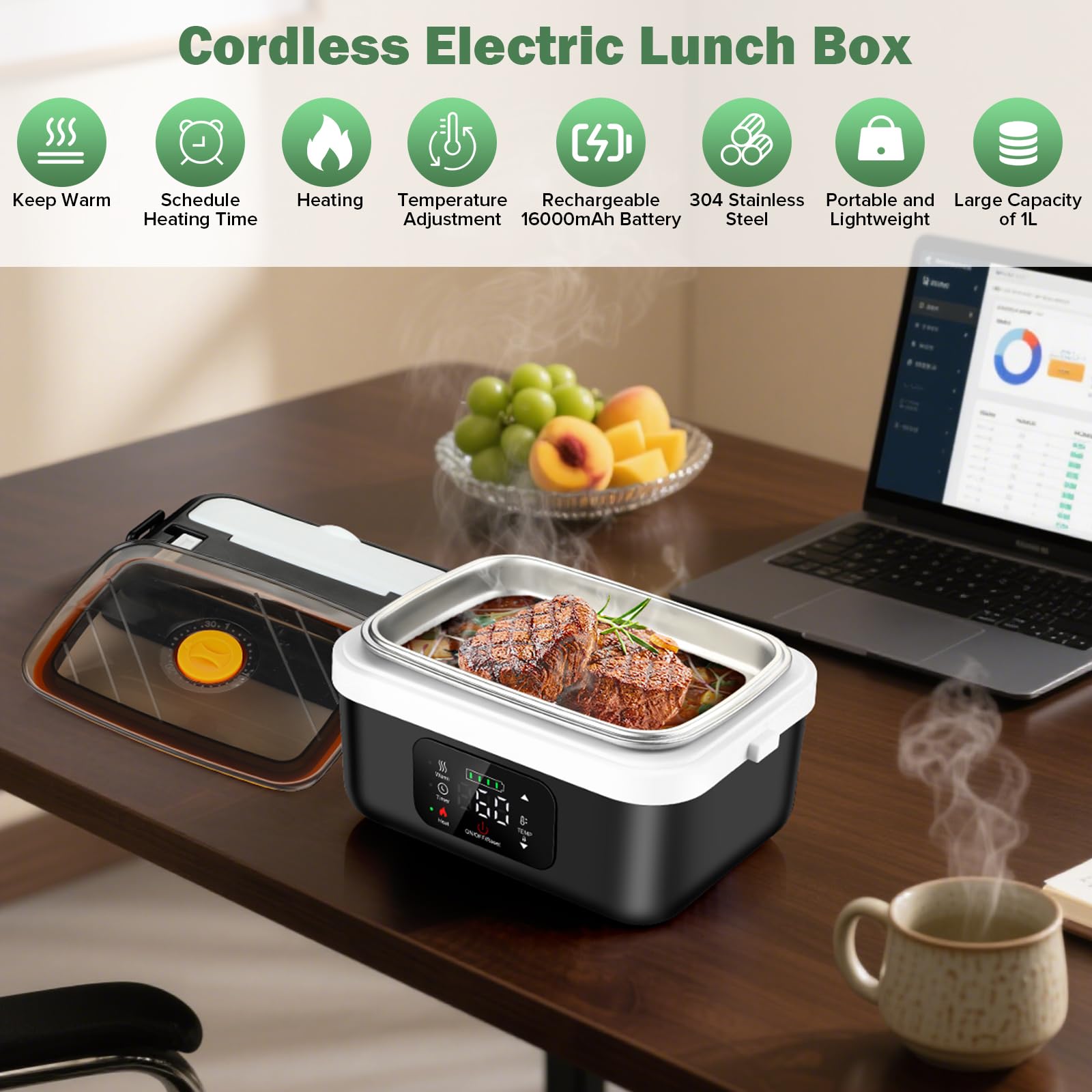 Fagalil Scatola da Pranzo Elettrica Senza Fili, 1L Scatola da Pranzo Riscaldata a Batteria per Adulti Portatile in Acciaio Inossidabile Riscaldatore di Cibo con Stoviglie e Sacchetto Isolato