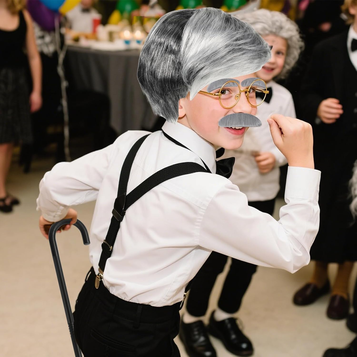 Grandpa Costume for Kids 100 Days of School Costume Funny Aging Cosplay Outfit Accessories Set-Include Glasses, Wig, Cane, Bow Tie, Suspenders, Eyebrows & Mustache Pocket watch Halloween Old Men - Image 6