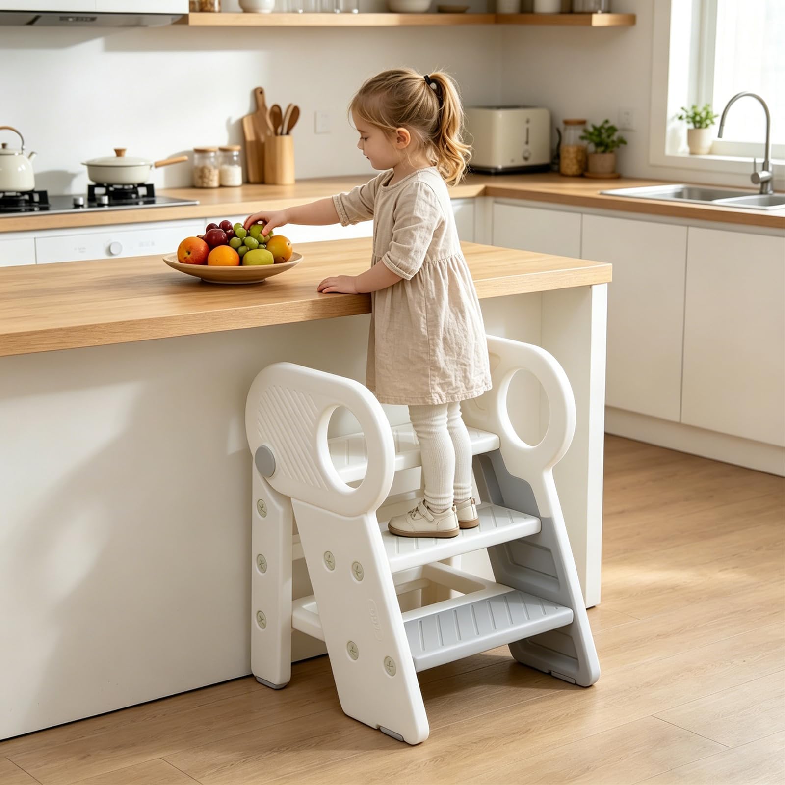 Toddler Step Stool with Handles, Foldable 3 Steps Kids Stool for Bathroom Potty Training, Adjustable Step Ladder for Bedroom Kitchen Counter, Learning Tower with Non-slip Foot Pads, Grey