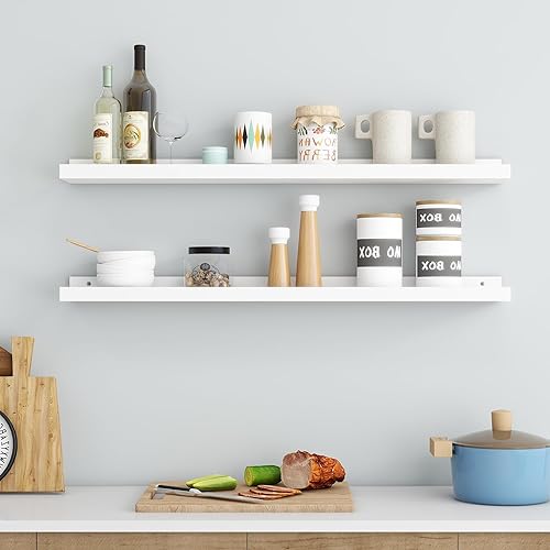 Miniatura 7 de Estante de repisa de fotos para pared, estantes de madera de pino maciza de 36 pulgadas, 2 paquetes, estantes flotantes para habitación de niños,