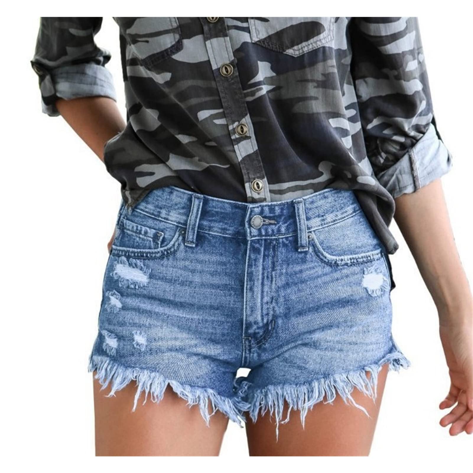 Women Casual High Waisted Denim Shorts Frayed Raw Hem Ripped Jeans Shorts Stretchy Hot Denim Shorts for Summer (Large,Blue)