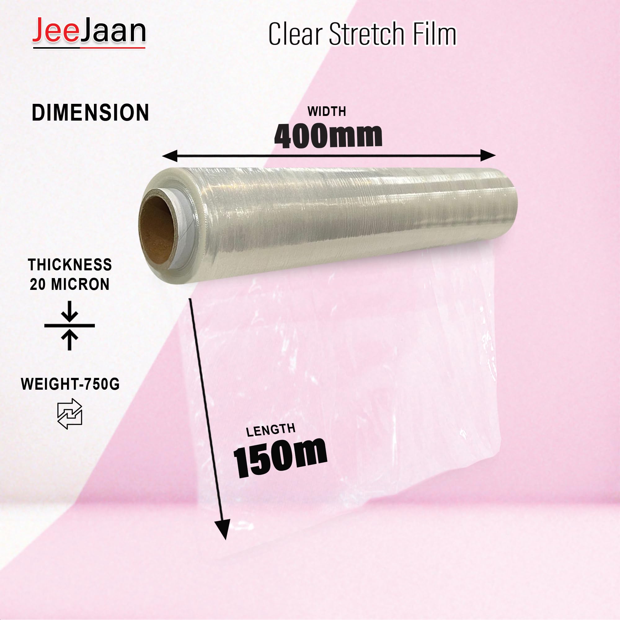 JeeJaan® Lot de 6 rouleaux de film étirable transparent pour palettes de 400 mm, 750 g, noyau standard de 20 µm, résistance industrielle, film étirable, film étirable, emballage plastique | Emballage