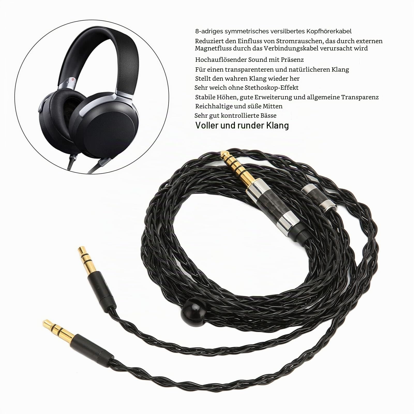 ASHATA Kopfhörer Audiokabel, 8 adrig, Symmetrisch, 4,4 Mm auf Zwei 3,5 mm Aux Audiokabel, Versilbert, für MDR Z7 Z1R, für Teloon D7100 D7200 D600 D9200, für T1 T5, 1,2 M