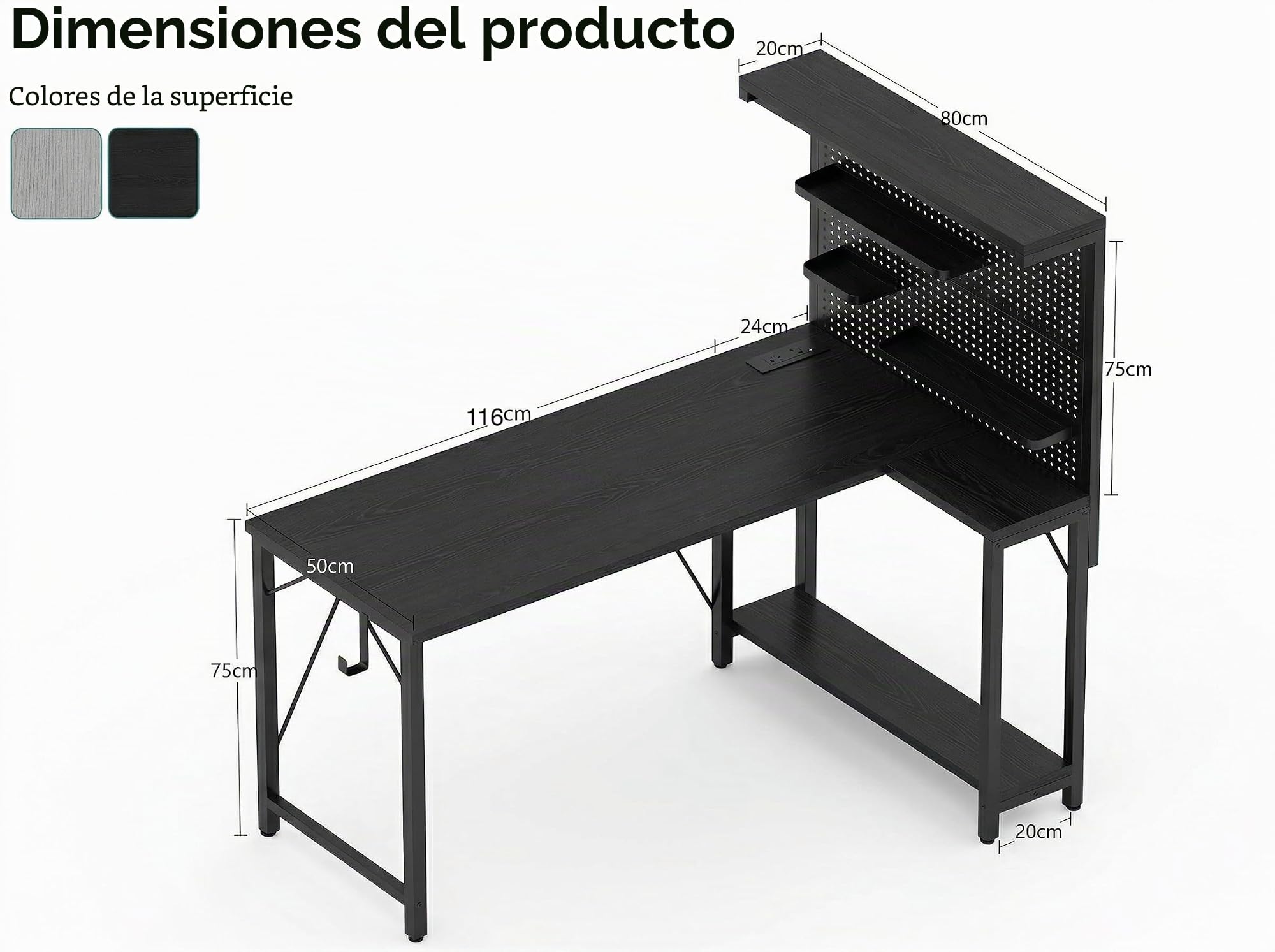 120*80 cm mesa gaming en forma de L con panel perforado y estanterías, mesa de ordenador de esquina con enchufe, escritorio de oficina reversible con 3 estantes desmontables para hogar, Negro