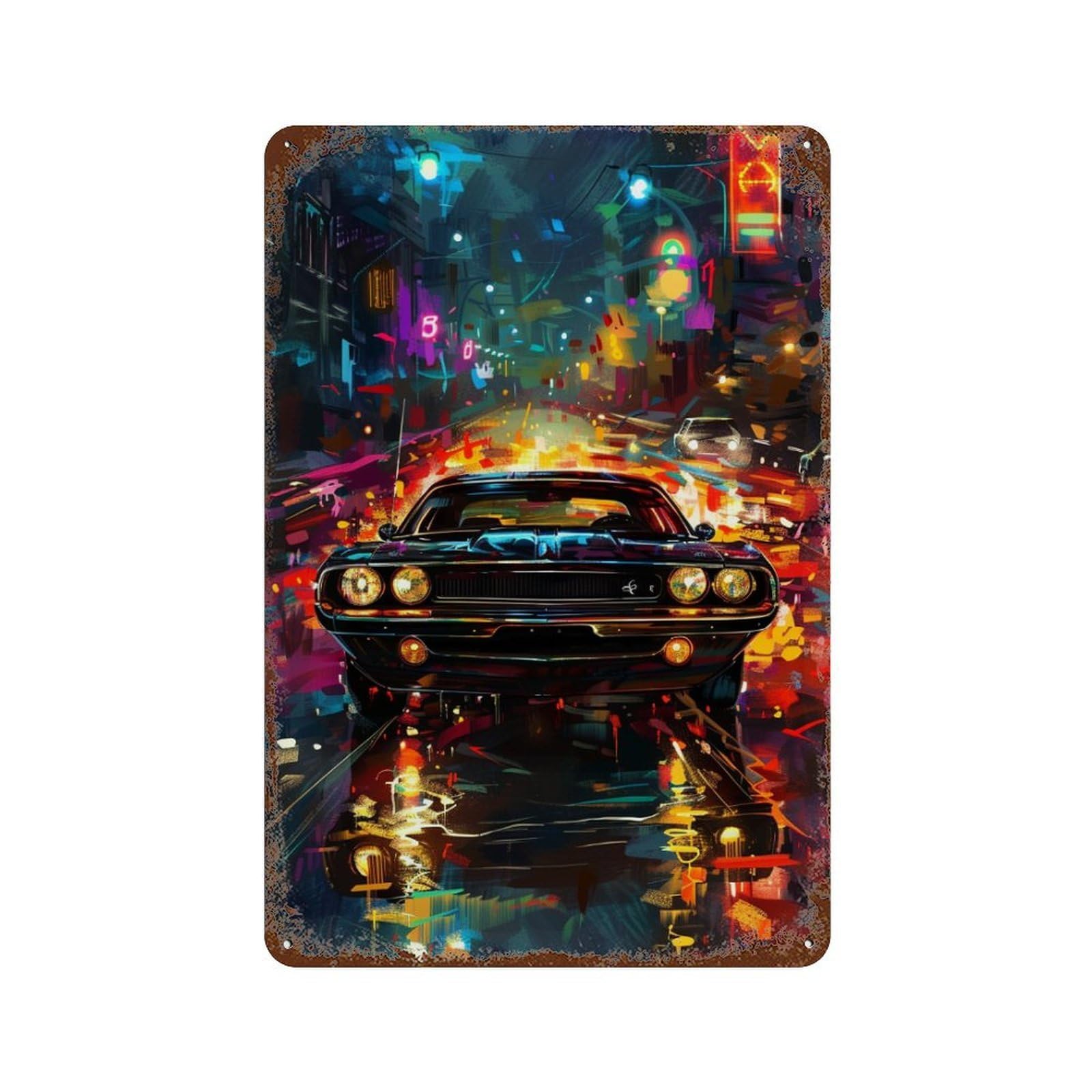 Neon City Muscle Car Vintage Wall Sign 11.8"x7.9", Rust Effect Metal Decor for Shed, Workshop And Garage Wall Decor