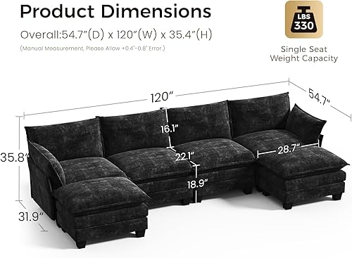 Miniatura 2 de KKL Sofá modular de 120 pulgadas, sofá modular en forma de U de 6 plazas convertible en forma de L con otomana, sofás seccionales modernos de