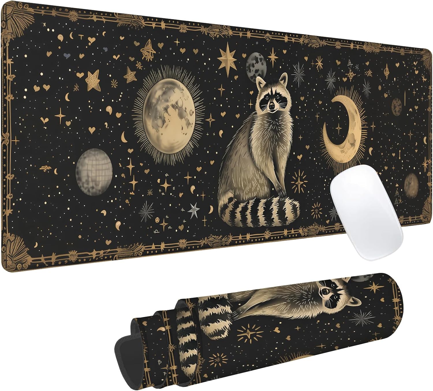 Mystical Raccoon Gaming Mouse Pad, Office Desk Mat, Anti-Slip Rubber Base Cool Aesthetic Mouse Pads for Computer Laptop Keyboard School Home Desktop Gamer Home Accessories Decor 31.5" x 11.8"