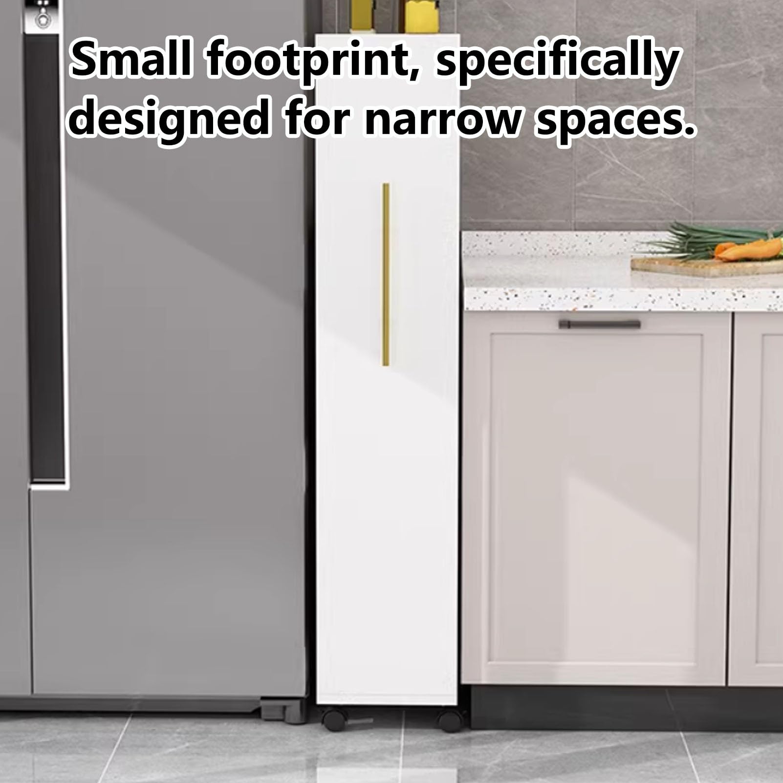 Carrito delgado de 4 niveles con estantes de madera, versátil nizer para cocina, color marrón (47 x 10 x 22 pulgadas) junto al refrirador
