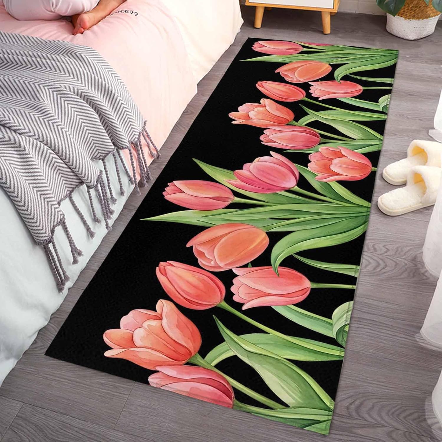 Teamery Kitchen Mats for Floor Watercolor Pink Tulips Flowers Washable Non Slip Kitchen Rugs 1PCS, Floral on Black Background Absorbent Standing Mats for Sink Bathroom Office Living Room 23.6x70.9in