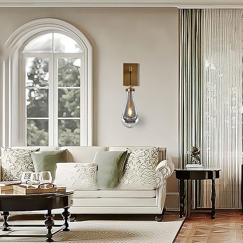 Miniatura 4 de Aplique de Pared de Latón, Sombra de Vidrio Moderna en Forma de Gota de Lluvia, Bombilla LED Regulable E12, Se Adapta a Baño, Cambiador, Sala de