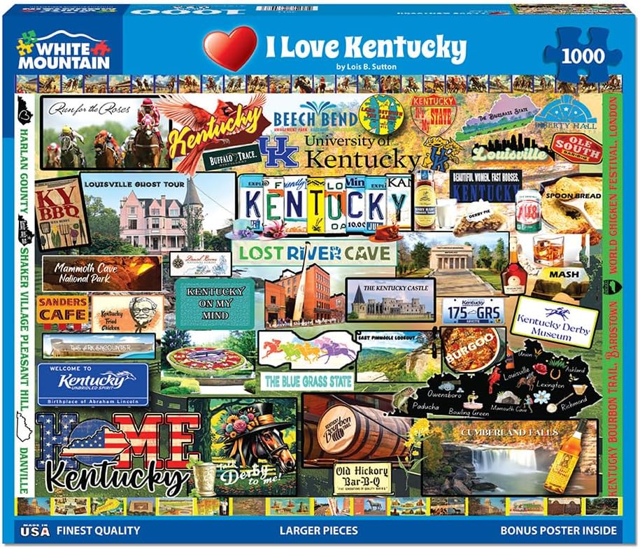 White Mountain 1000 Piece Jigsaw Puzzle Bluegrass State Collage Puzzles with Large Pieces Gift for Adults and Family 24"x30" - I Love Kentucky