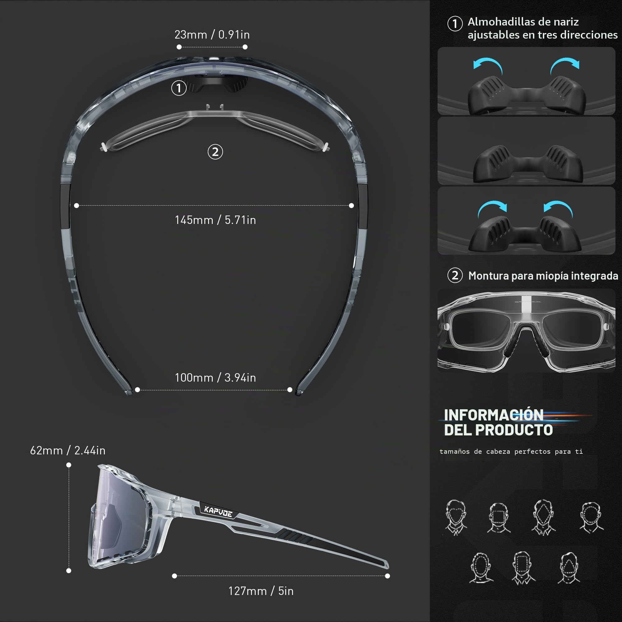 KAPVOE Gafas Ciclismo Fotocromáticas Lente y Montura UV400 Color Azul K76 | Lente & montura fotocromáticas, lente transparente a azul CAT.1-CAT.2, UV400, almohadilla regulable