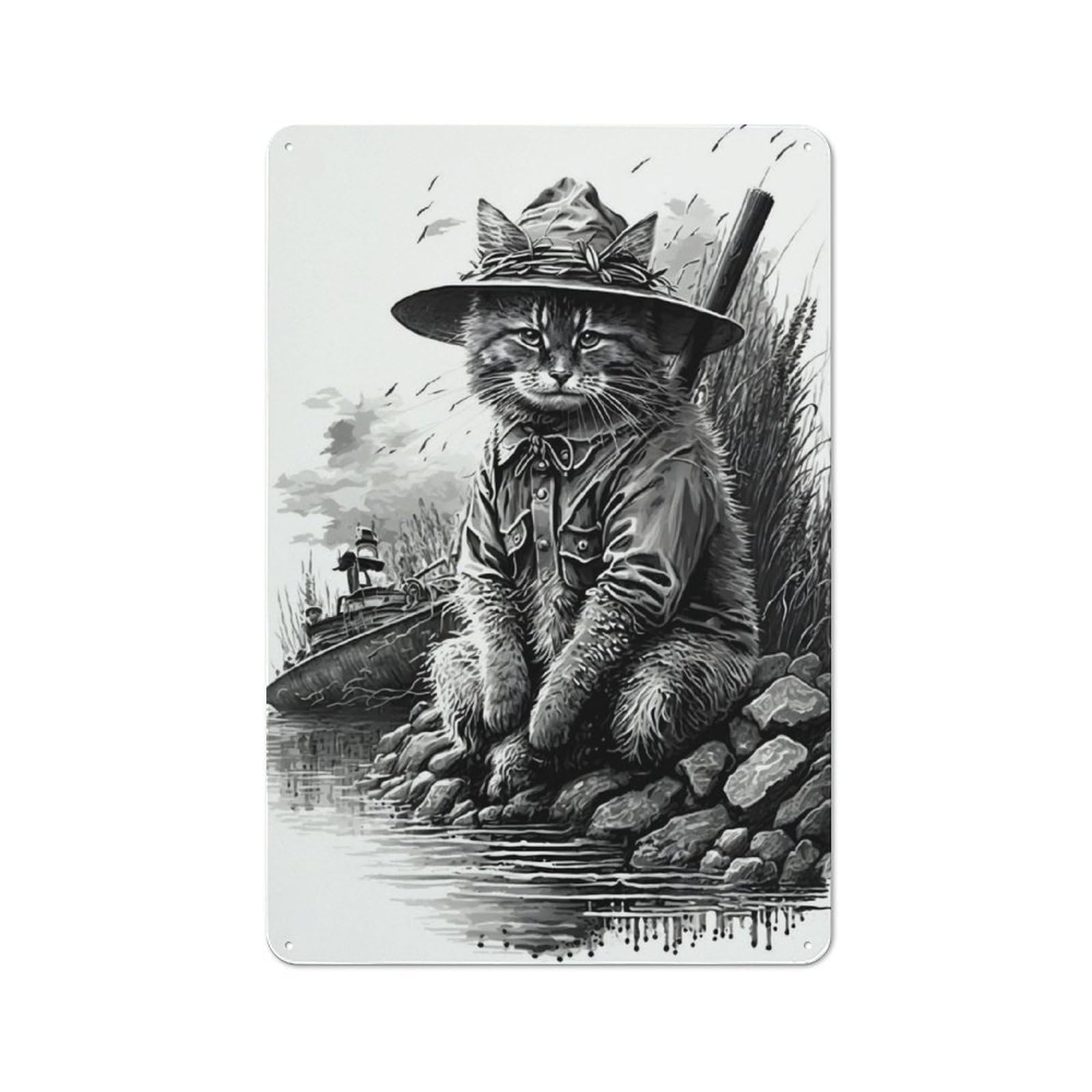 Fisherman Cat Portrait Rustic Metal Plaque 30x20cm for Lounge Or Reading Corner, for Garage, Workshop And Man Cave Decoration