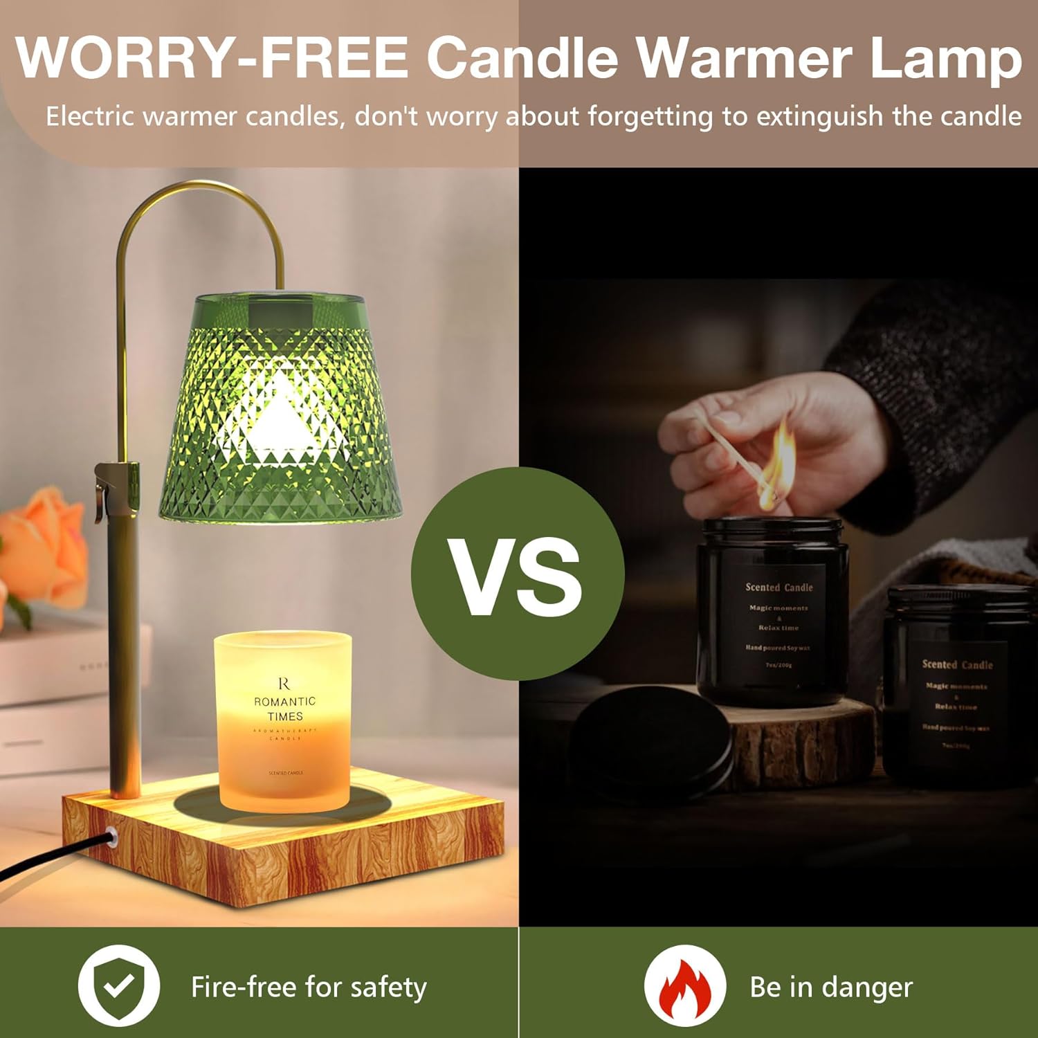 Masmejor 50W Candle Warmer Lamp with Timer & Dimmer - Electric Wax Melt Warmer, Adjustable Height, Wood Base, 2 Bulbs, Gift Packaging for Christmas, Birthday, Home Decor, Mother's Day, Bedroom(Green)